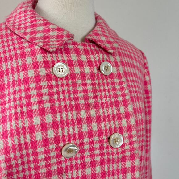 Vintage 60s Hot Pink Houndstooth Tweed Mod‎ Peacoat Jacket // Size Medium - Picture 6 of 7